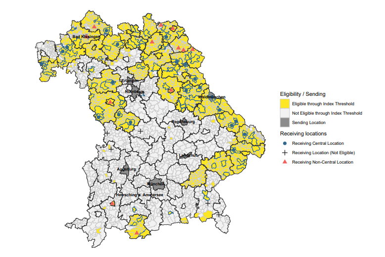 Map of eligible, sending, and receiving locations in Bavaria